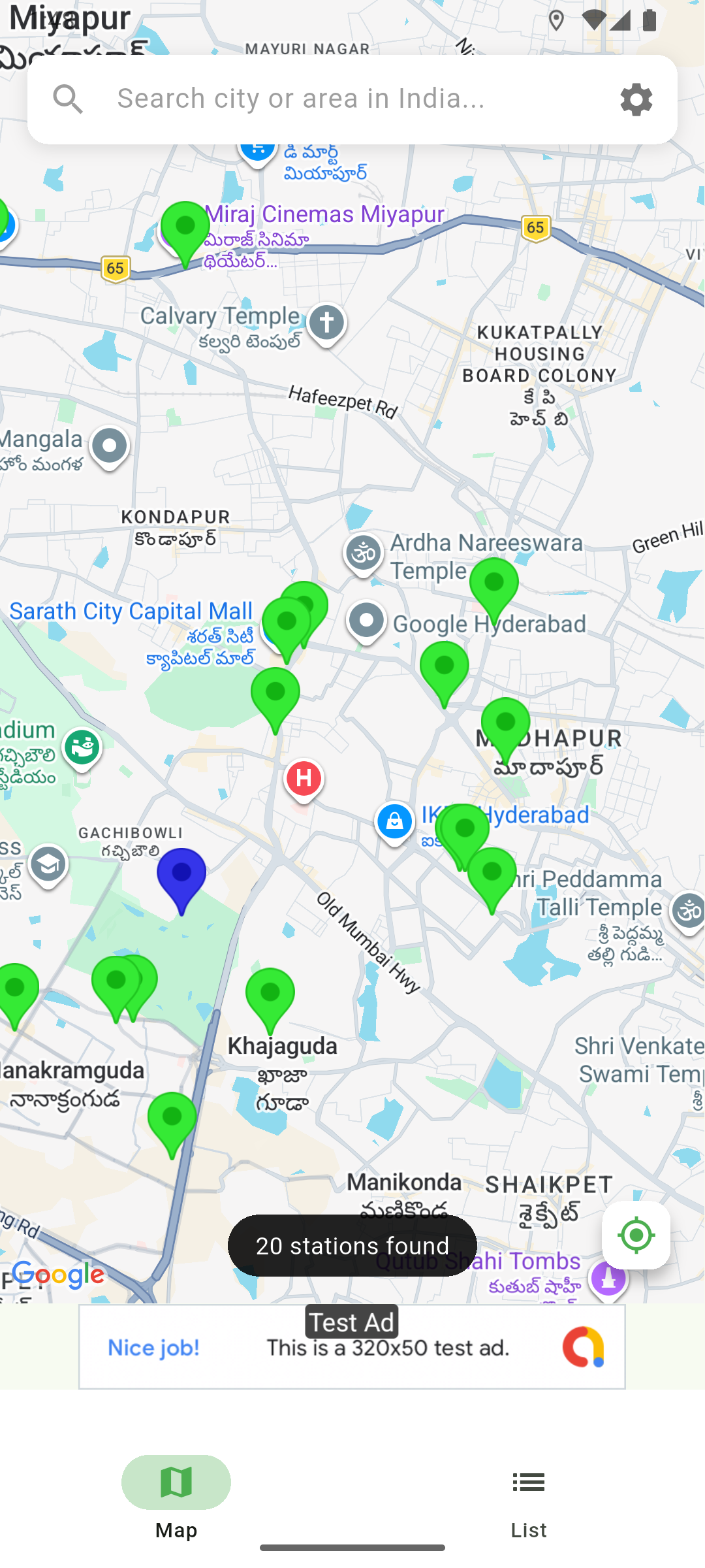 VoltFinder app showing EV charging stations near Hyderabad