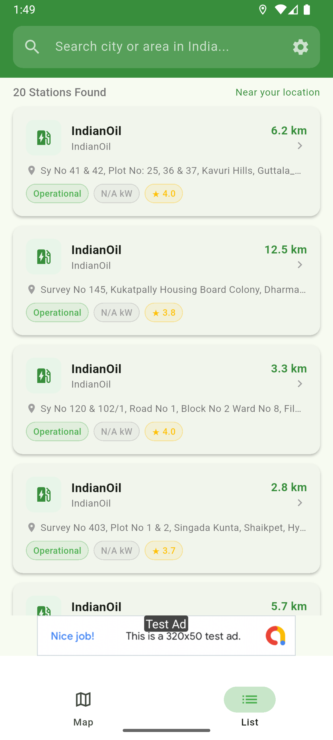 VoltFinder list view showing nearby EV charging stations with distance